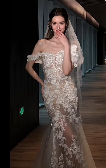 Dreamy Mermaid Off The Shoulder Tulle Lace Applique With Veil Long Wedding Dresses C4375