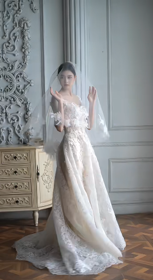 Gorgeous A Line Spaghetti Straps Tulle Lace With Veil Long Wedding Dresses C4376