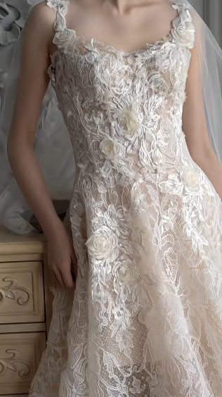 Gorgeous A Line Spaghetti Straps Tulle Lace With Veil Long Wedding Dresses C4376