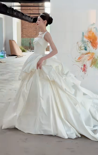 Unique Ball Gown Square Satin Pleated Long Wedding Dresses C4378