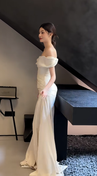 Elegant Mermaid Off The Shoulder Satin Long Wedding Dresses C4379