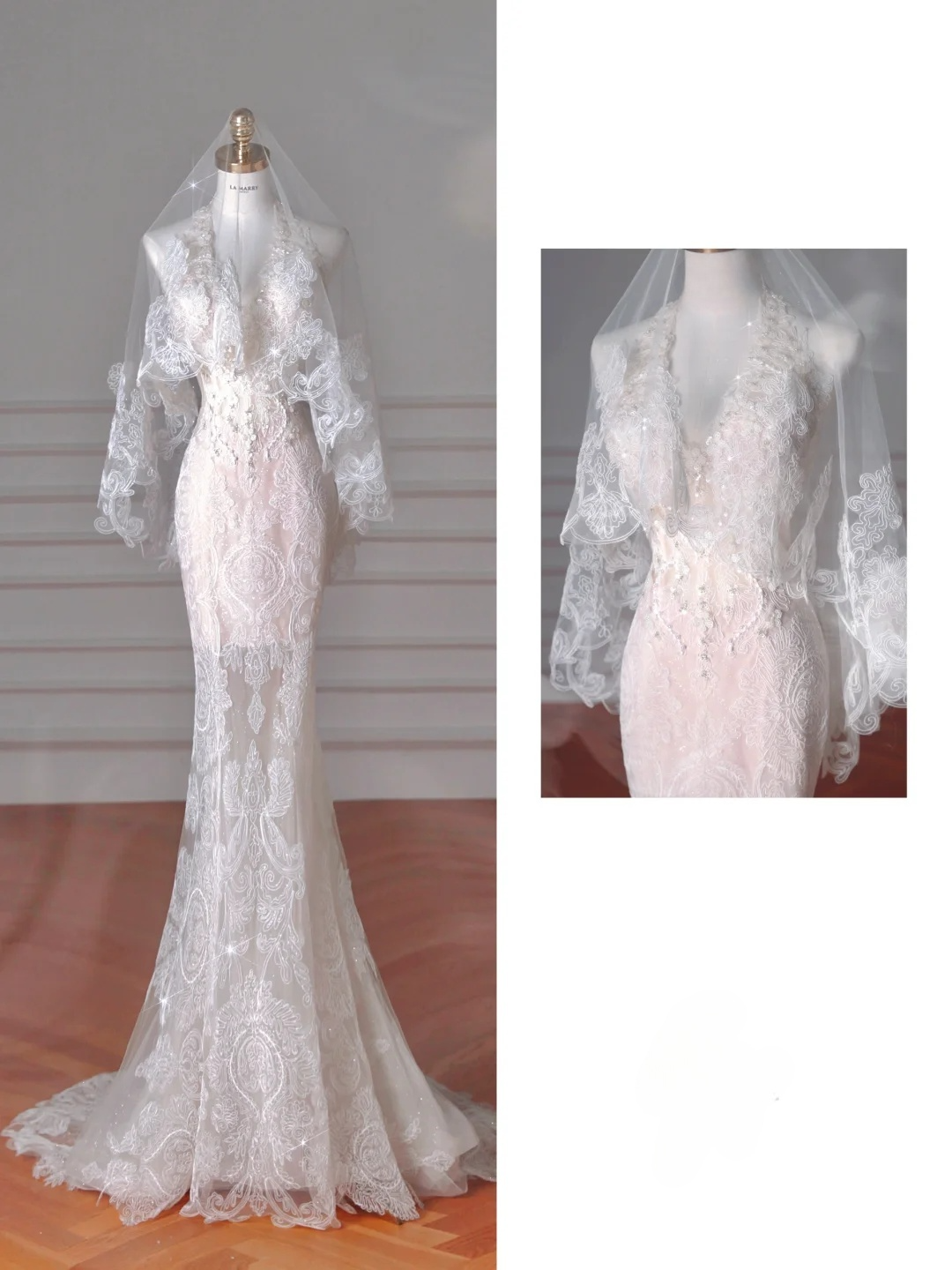 Dreamy Mermaid Halter Tulle Lace With Veil Long Wedding Dresses C4382