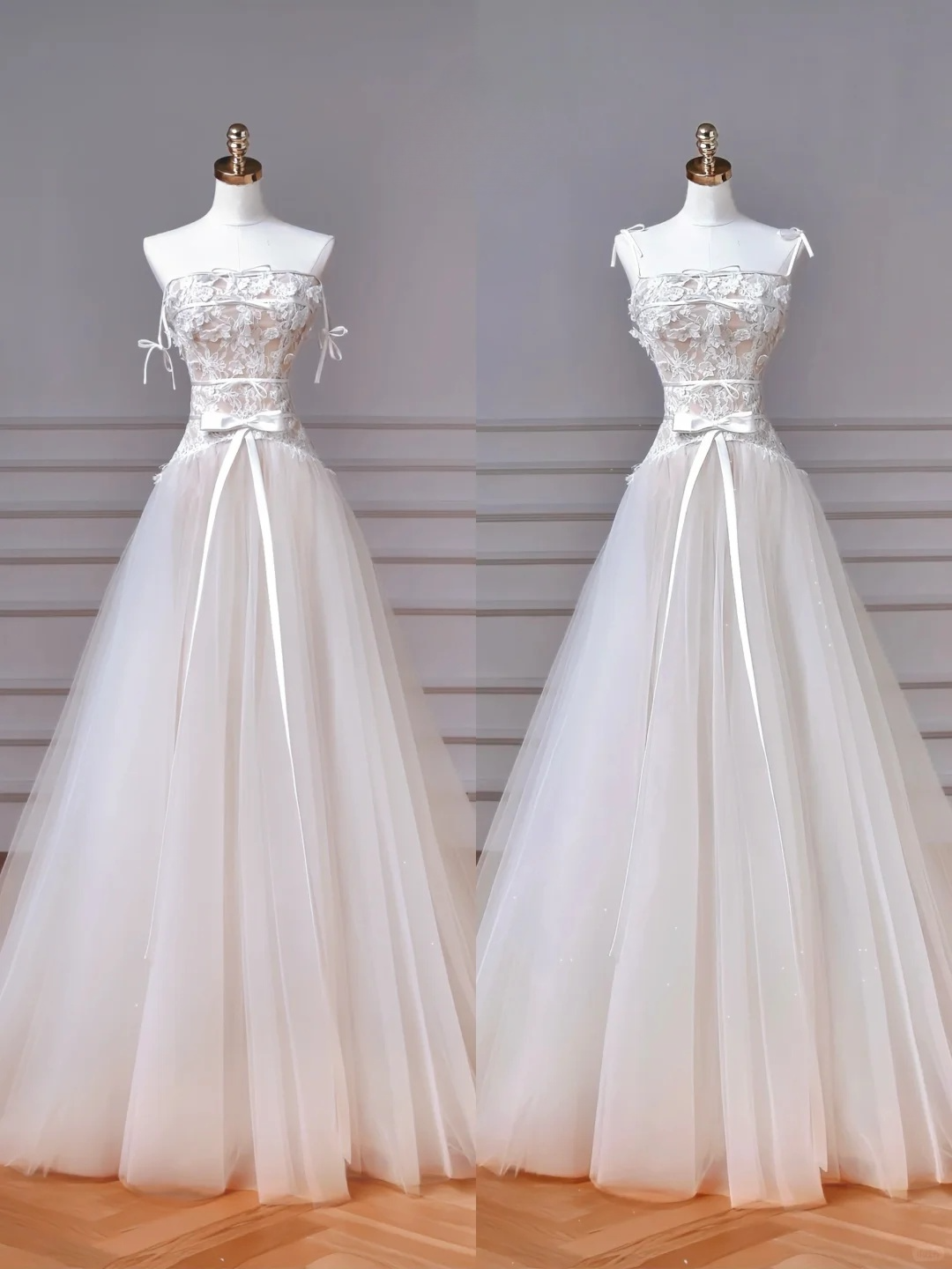 Pretty A Line Spaghetti Straps Tulle Lace Applique Long Wedding Dresses C4385