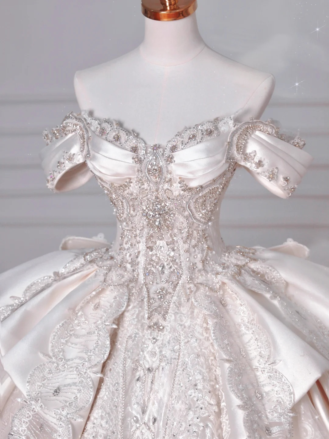 Timeless Ball Gown Off The Shoulder Satin Tulle Lace Sequin Beads Long Wedding Dresses C4388