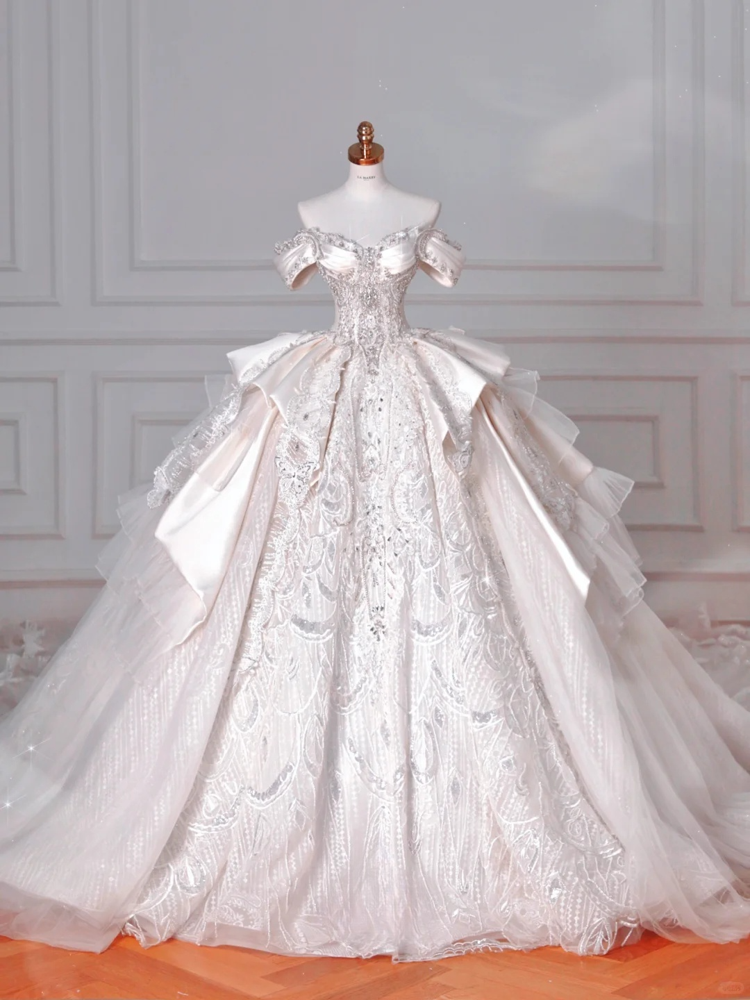 Timeless Ball Gown Off The Shoulder Satin Tulle Lace Sequin Beads Long Wedding Dresses C4388