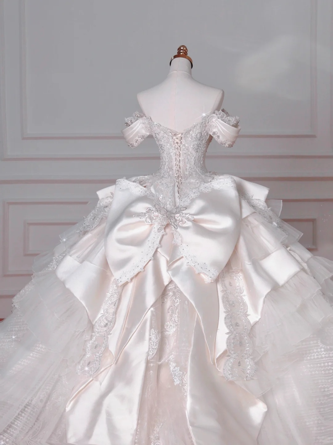 Timeless Ball Gown Off The Shoulder Satin Tulle Lace Sequin Beads Long Wedding Dresses C4388