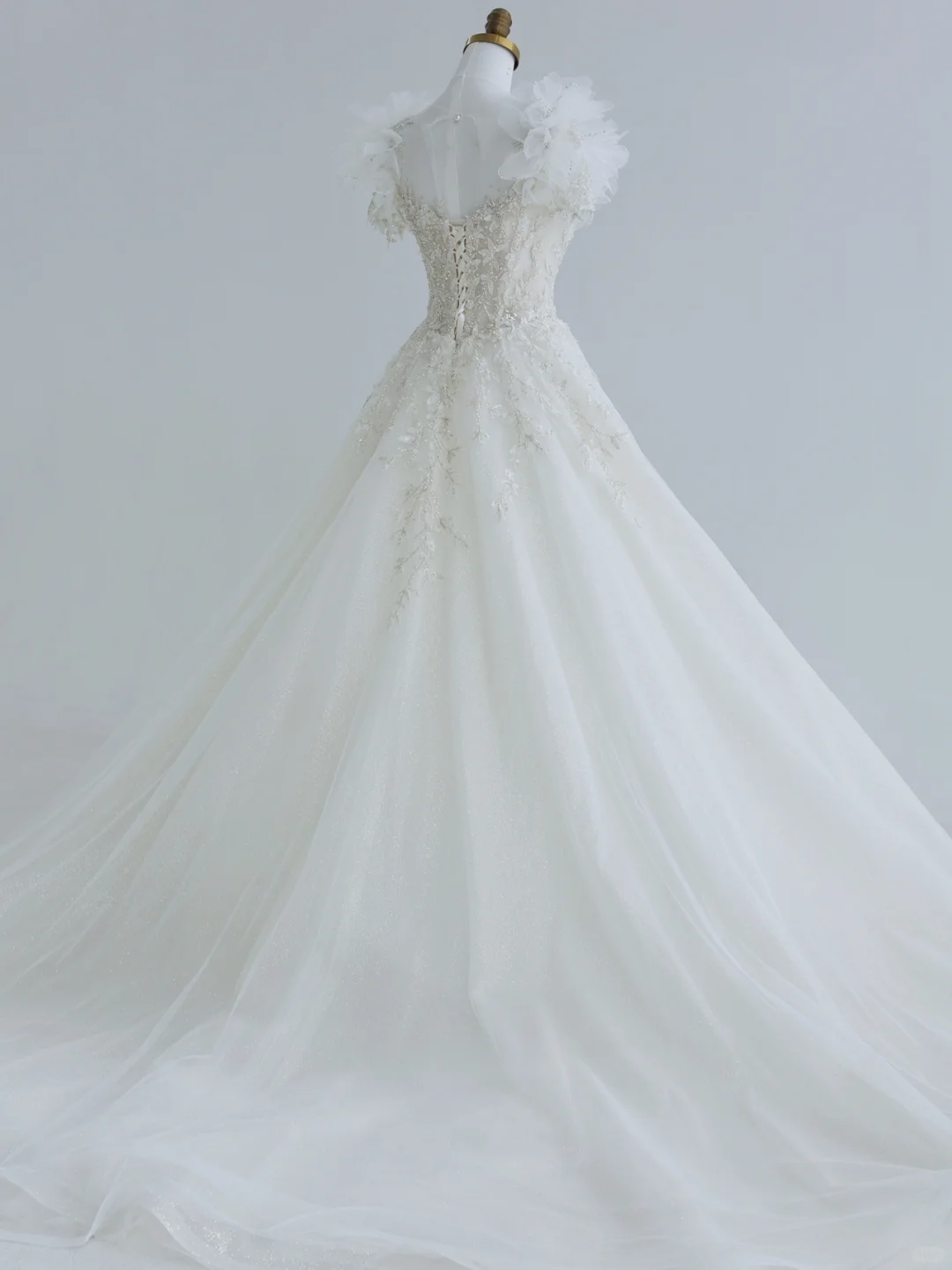 Unique A Line Tulle Sequin Beads Applique Short Sleeves Long Wedding Dresses C4389