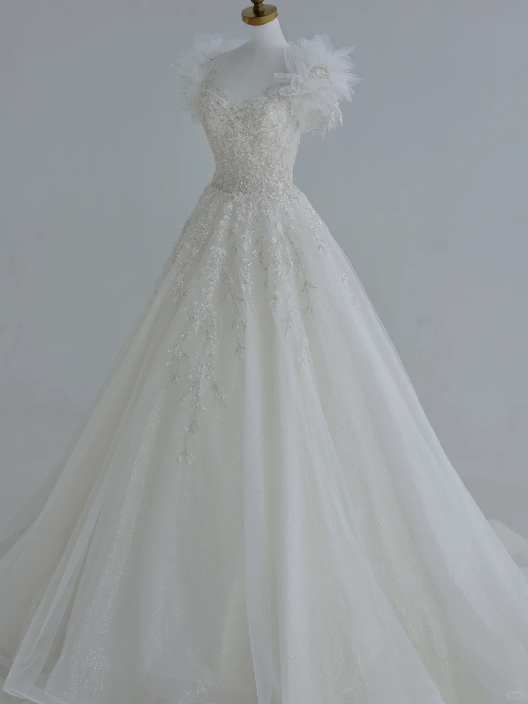 Unique A Line Tulle Sequin Beads Applique Short Sleeves Long Wedding Dresses C4389