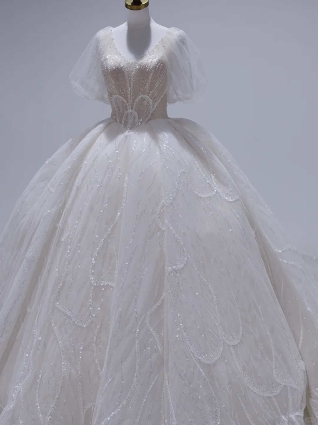 Classy Ball Gown V Neck Tulle Sequin Short Sleeves Long Wedding Dresses C4391