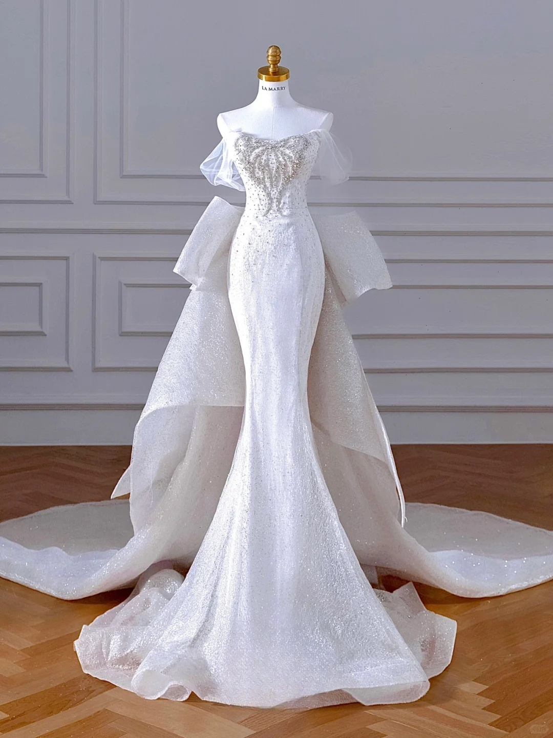 Glitter Mermaid Off The Shoulder Satin Sequin Beads Back With Bow Long Wedding Dresses C4392