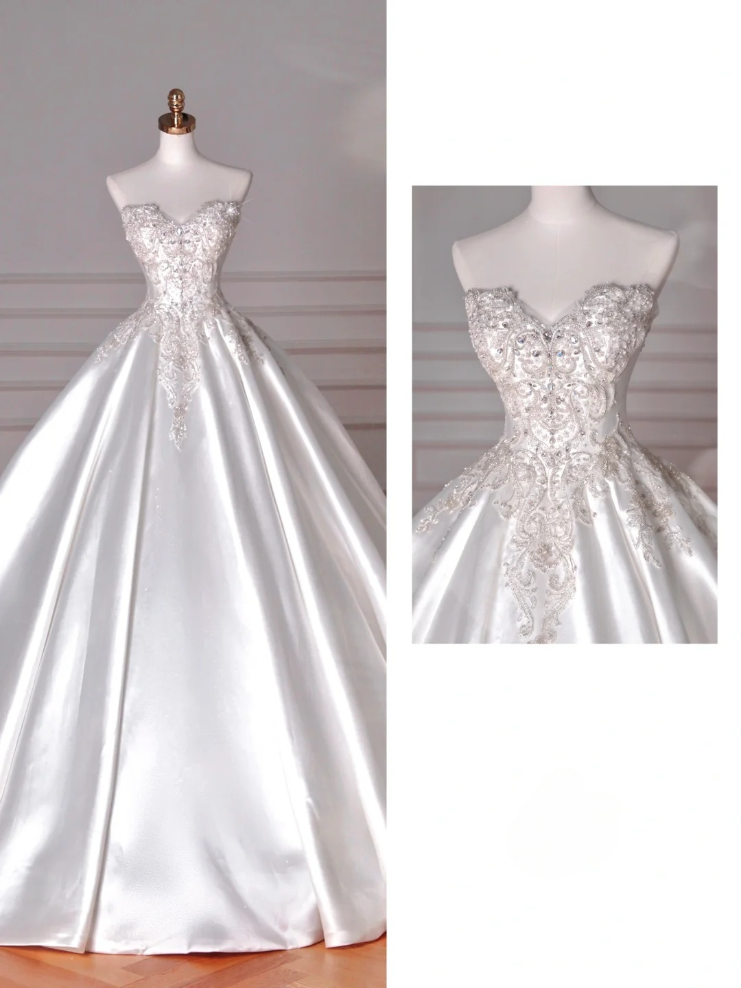 Dreamy Ball Gown Strapless Satin Sequin Beads Long Wedding Dresses C4393