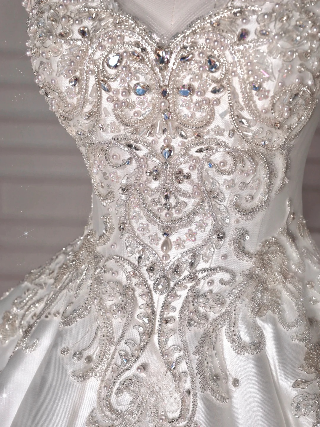 Dreamy Ball Gown Strapless Satin Sequin Beads Long Wedding Dresses C4393