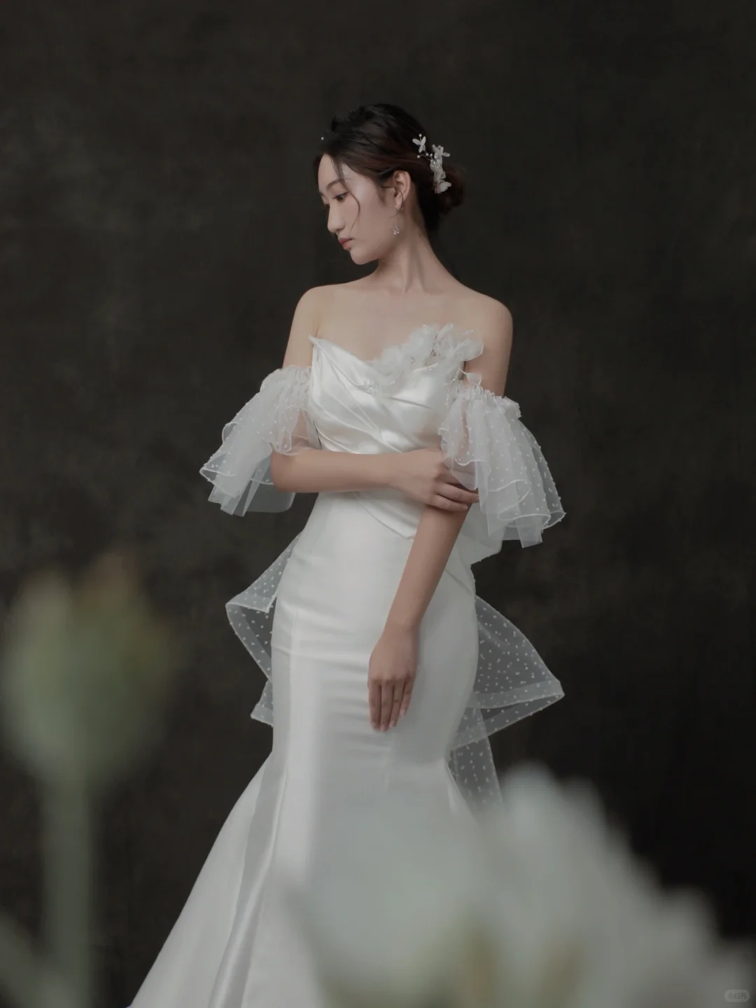 Pretty Mermaid Off The Shoulder Satin Tulle Long Wedding Dresses C4396