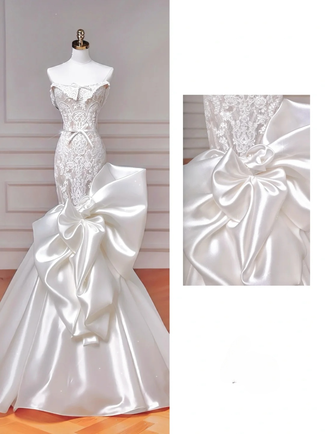 Stunning Mermaid Strapless Satin Lace Long Wedding Dresses C4399