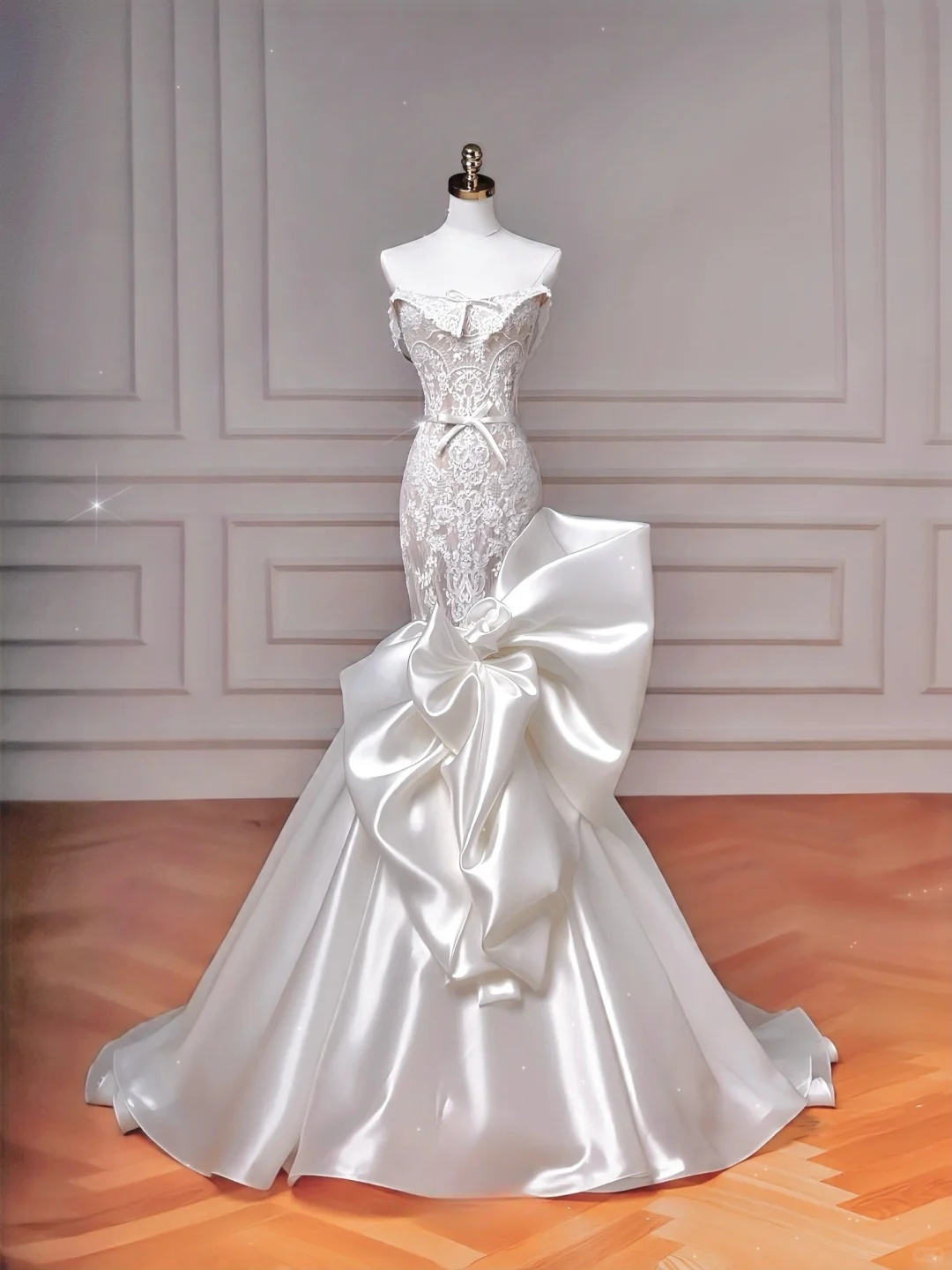 Stunning Mermaid Strapless Satin Lace Long Wedding Dresses C4399