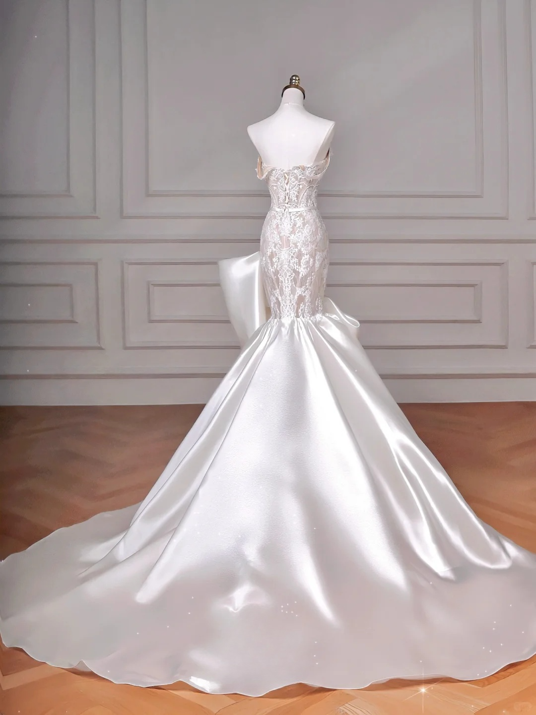 Stunning Mermaid Strapless Satin Lace Long Wedding Dresses C4399