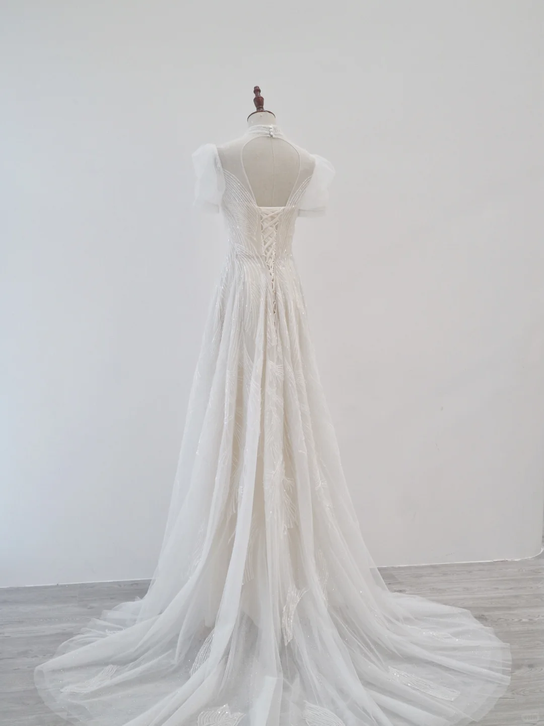 Princess A Line Tulle Sequin Blackless Short Sleeves Long Wedding Dresses C4400