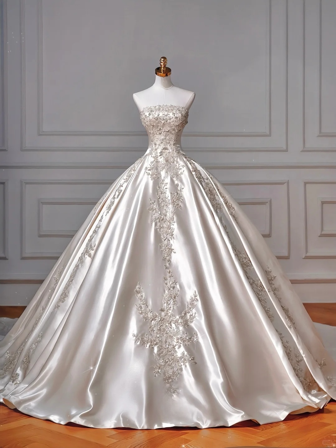 Gorgeous Ball Gown Strapless Satin Sequin Beads Long Wedding Dresses C4403