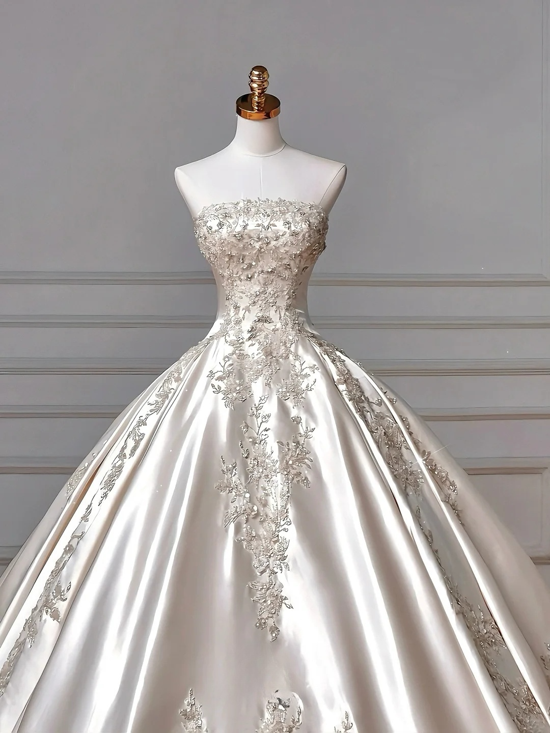 Gorgeous Ball Gown Strapless Satin Sequin Beads Long Wedding Dresses C4403