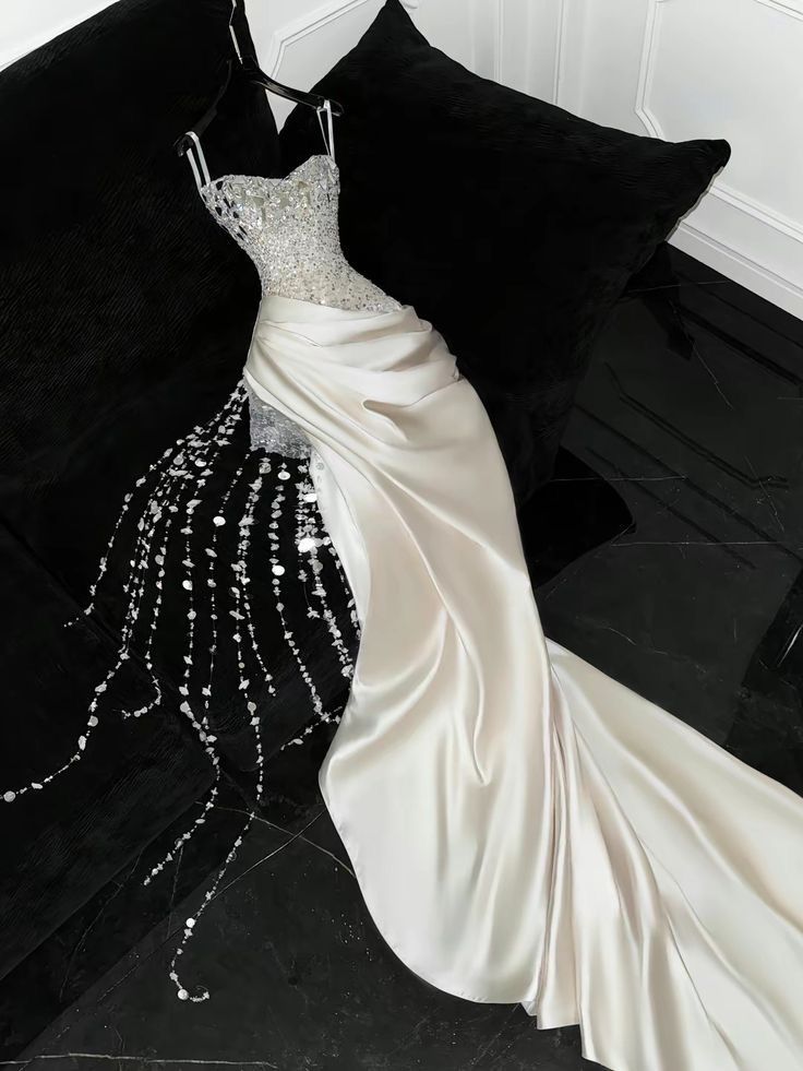 Gorgeous Mermaid Spaghetti Straps Satin Sequin Beads Long Wedding Dresses C4406