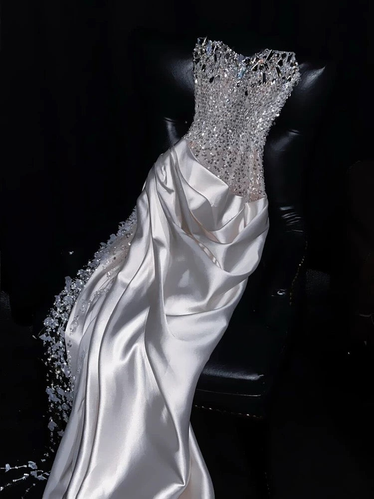 Gorgeous Mermaid Spaghetti Straps Satin Sequin Beads Long Wedding Dresses C4406