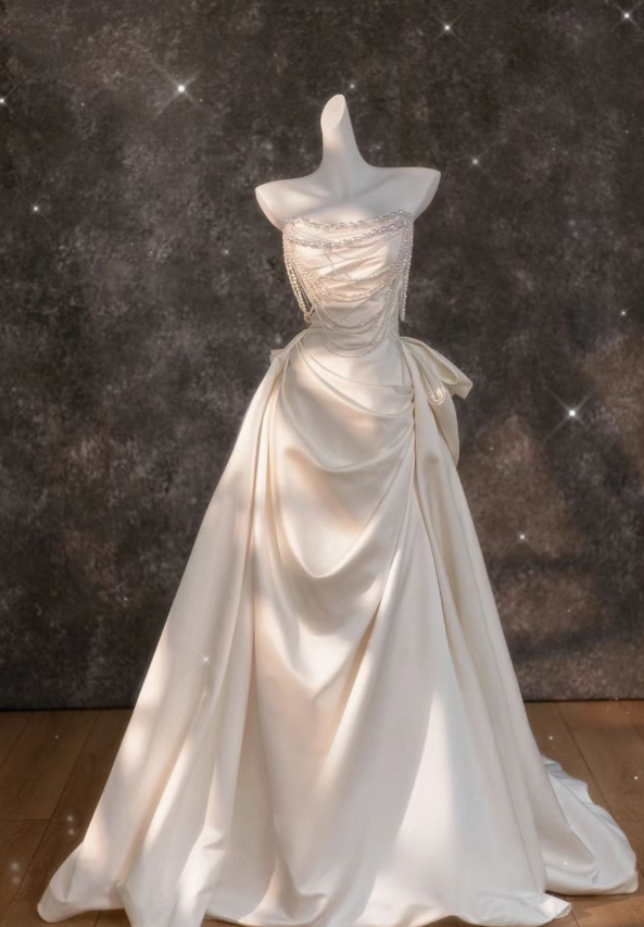 Dreamy A Line Strapless Satin Beads Long Wedding Dresses C4424