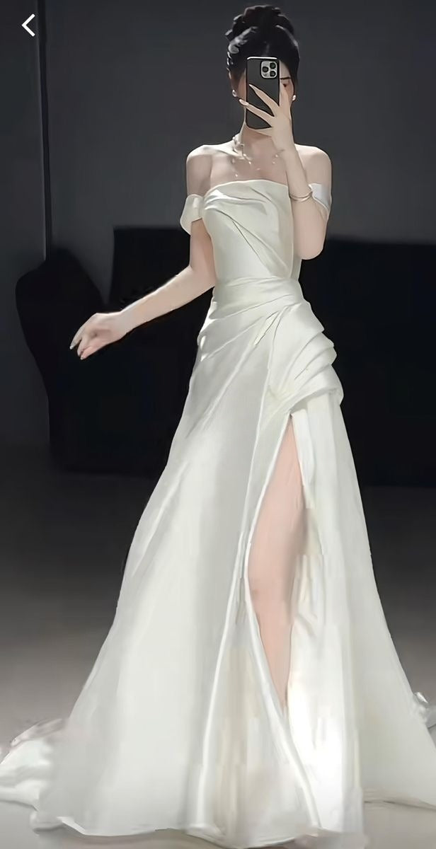 Elegant A Line Off The Shoulder Satin Slit Pleated Long Wedding Dresses C4427