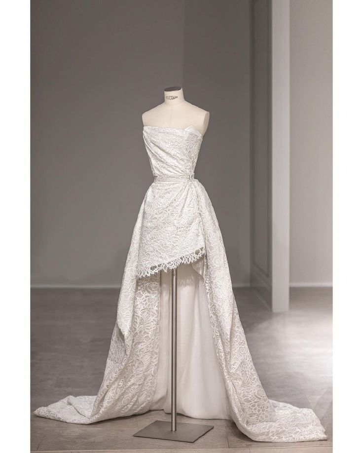 Unique A Line Strapless Satin Lace High-Low Long Wedding Dresses C4428