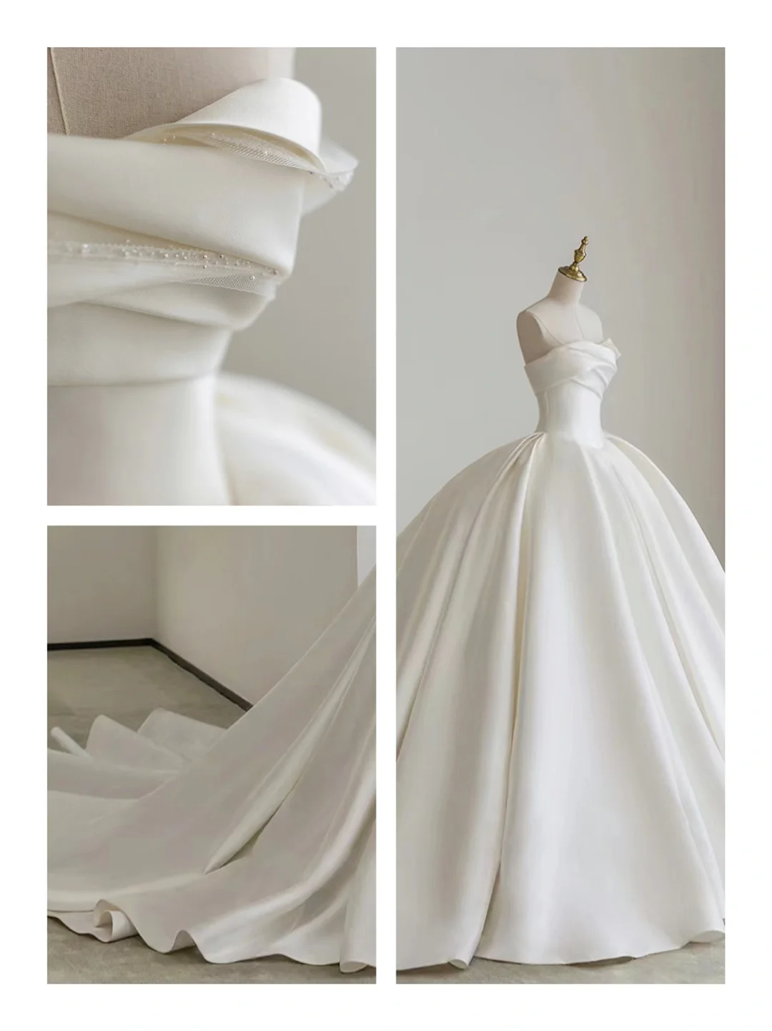 Timeless Ball Gown Strapless Satin Tulle Beads Long Wedding Dresses C4429