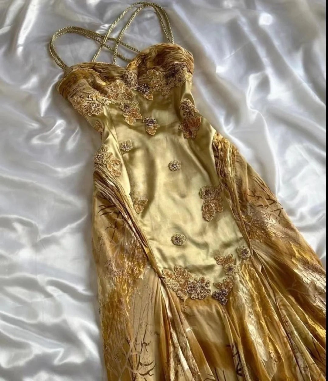 Gold Charming A Line Spaghetti Straps Satin Chiffon Printed Applique Long Prom Dresses Formal Dress C4438