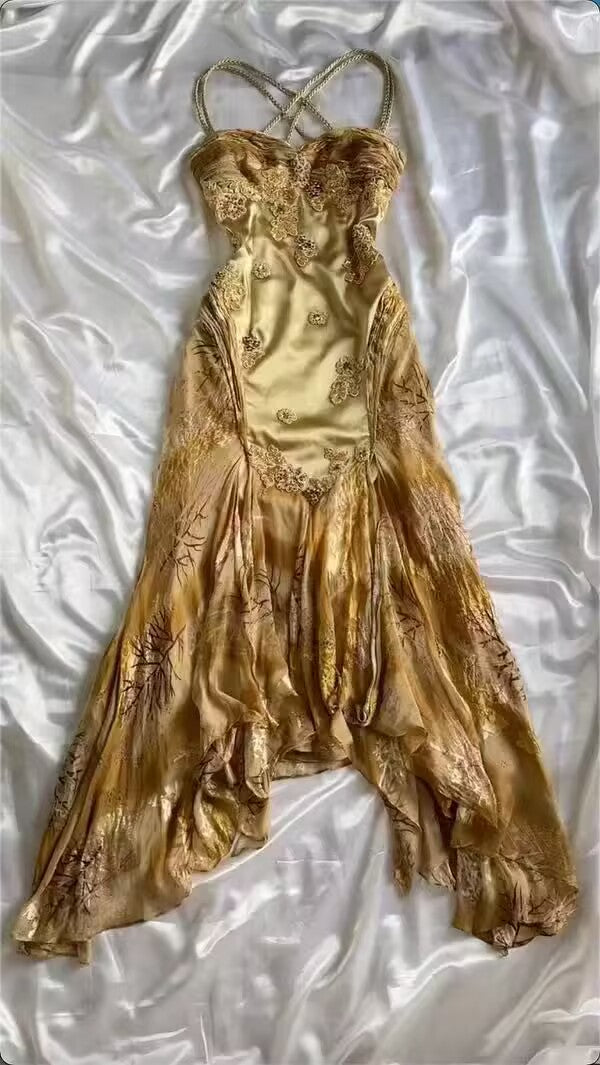 Gold Charming A Line Spaghetti Straps Satin Chiffon Printed Applique Long Prom Dresses Formal Dress C4438