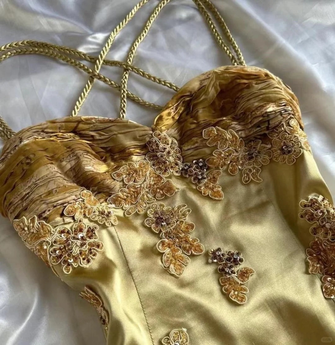 Gold Charming A Line Spaghetti Straps Satin Chiffon Printed Applique Long Prom Dresses Formal Dress C4438