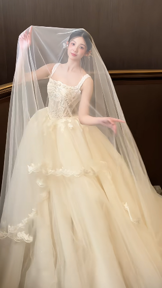Sweet Ball Gown Square Tulle Lace With Veil Long Wedding Dresses C4441
