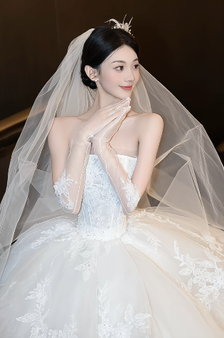 Dreamy Ball Gown Strapless White Tulle Lace With Gloves Veil Long Wedding Dresses C4442