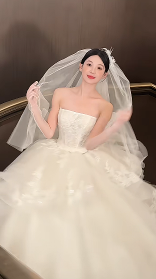 Dreamy Ball Gown Strapless White Tulle Lace With Gloves Veil Long Wedding Dresses C4442