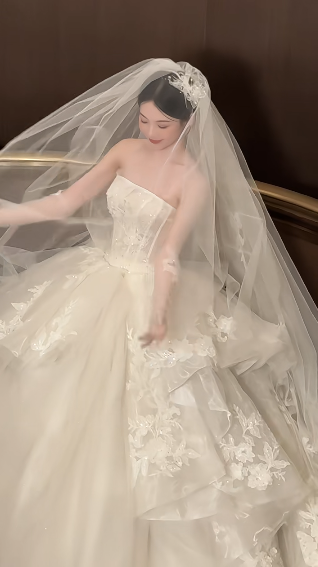 Dreamy Ball Gown Strapless White Tulle Lace With Gloves Veil Long Wedding Dresses C4442