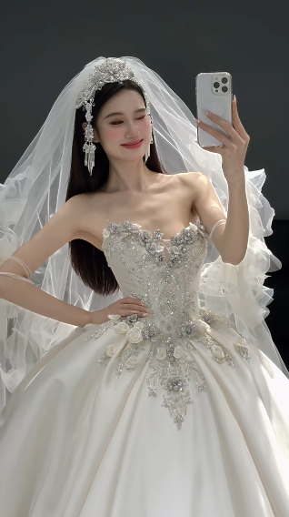 Timeless Ball Gown Strapless Satin Sequin Beads With Veil Long Wedding Dresses C4443