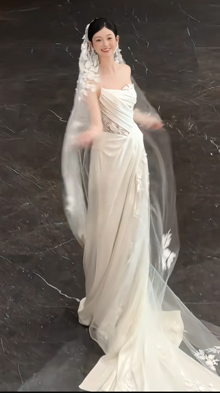 Timeless A Line One Shoulder Strap Satin Tulle Applique With Veil Long Wedding Dresses C4444