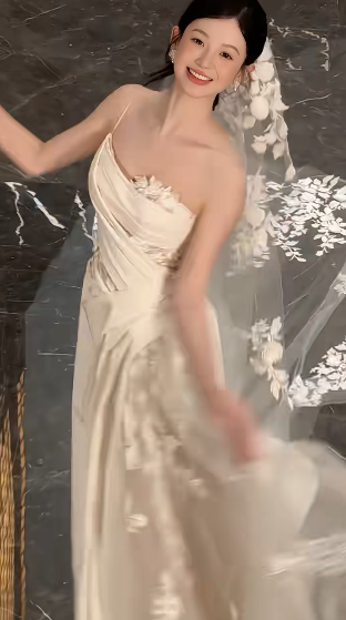 Timeless A Line One Shoulder Strap Satin Tulle Applique With Veil Long Wedding Dresses C4444