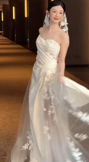 Timeless A Line One Shoulder Strap Satin Tulle Applique With Veil Long Wedding Dresses C4444