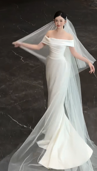 Elegant Mermaid Off The Shoulder Satin With Veil Long Wedding Dresses C4446