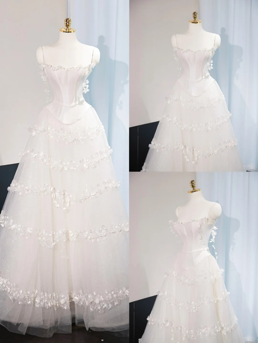 Princess A Line Spaghetti Straps White Satin Tulle Applique Long Wedding Dresses C4448