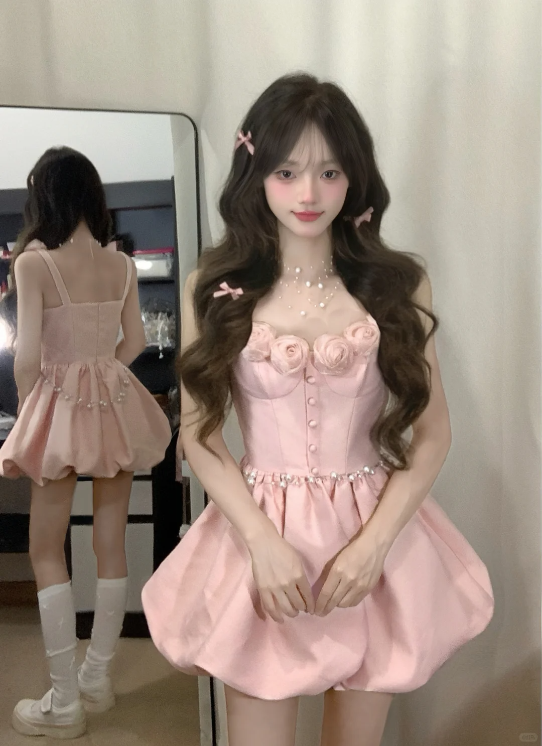 Pink A Line Spaghetti Straps Satin Flowers Short Homecoming Dress 18th Birthday Outfits C4461