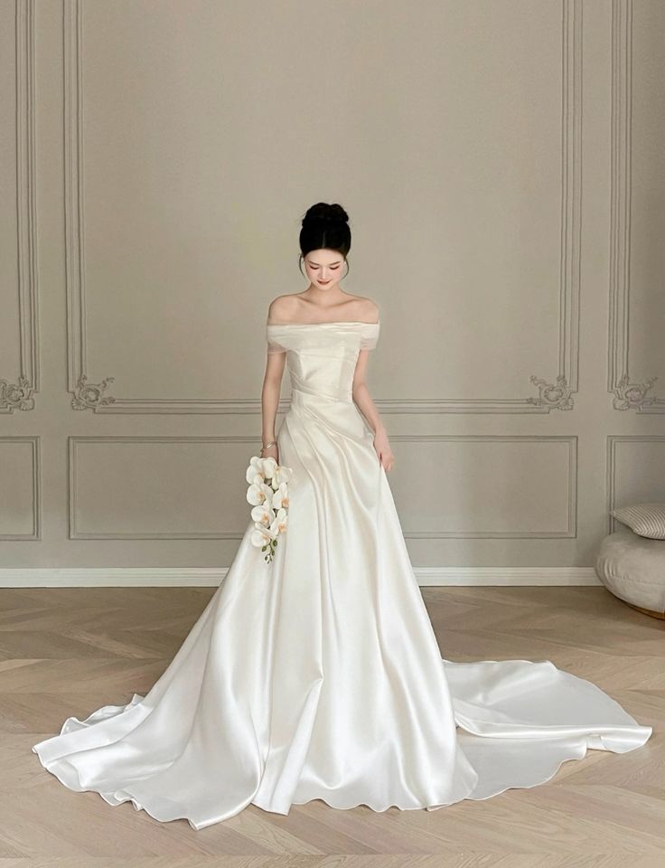 Elegant A Line Off The Shoulder Satin Long Wedding Dresses C4466