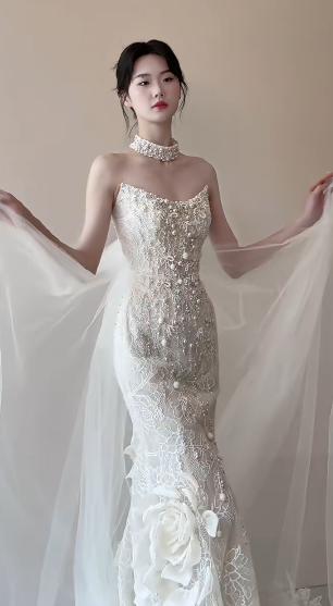 Stunning Mermaid Strapless Tulle Lace Beads With Veil Long Wedding Dresses C4469