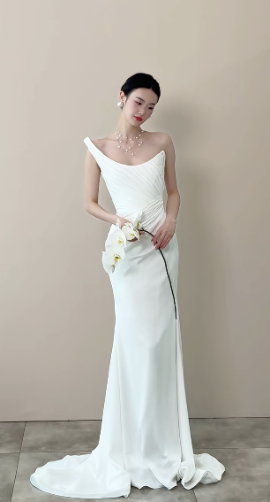 Elegant Mermaid One Shoulder Satin Pleated Long Wedding Dresses C4470
