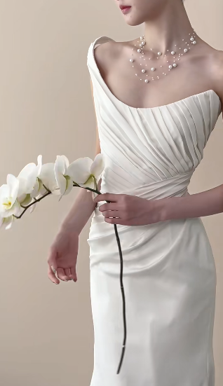 Elegant Mermaid One Shoulder Satin Pleated Long Wedding Dresses C4470