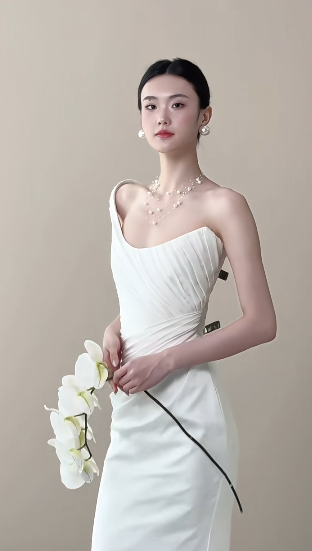 Elegant Mermaid One Shoulder Satin Pleated Long Wedding Dresses C4470