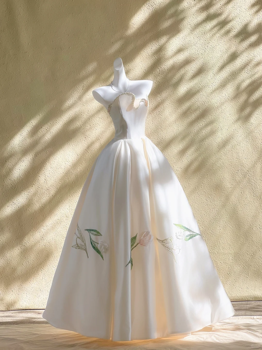 Elegant A Line Strapless Satin Sequin Flower Long Wedding Dresses C4490