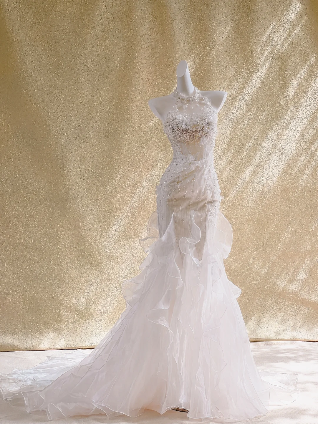 Timeless Mermaid Halter Satin Tulle Beads Long Wedding Dresses C4491